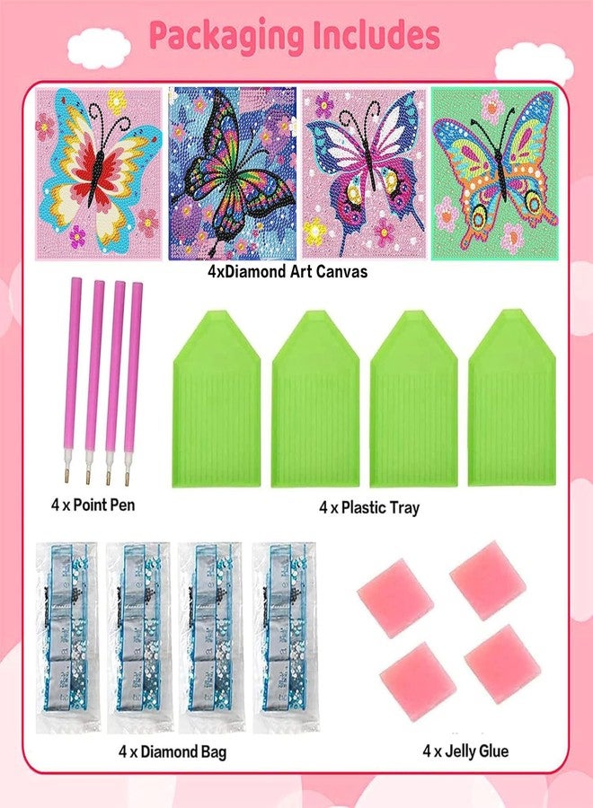 xackcme 4 PCS Butterfly Diamond Art Painting Kit for Kids, 5D Diamond Art Kits for Beginners, DIY Gem Rhinestone Full Drill Gem Painting Crafts for Girls Boys Ages 6-8-9-12 for Home Wall Decor (6x6 inch) - Image 3